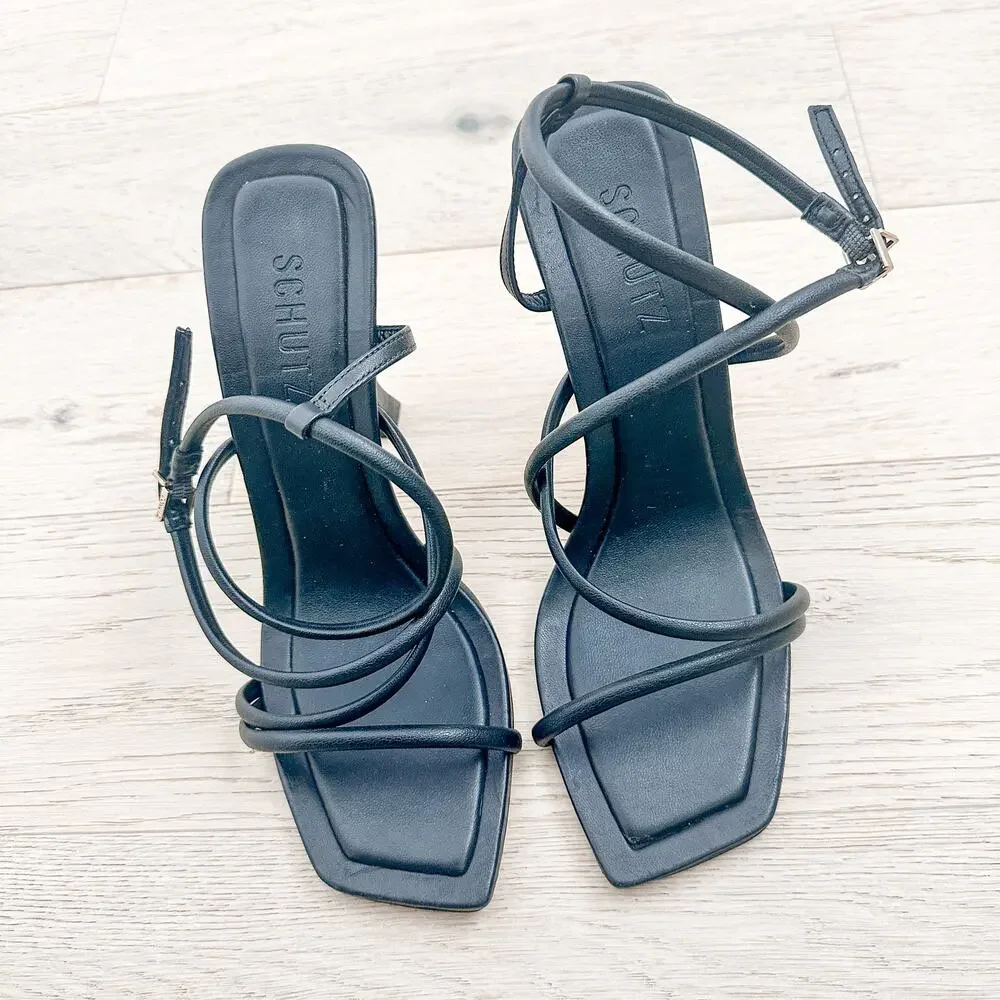 Schutz Lovi Strappy Leather Heel Sandals Black 9.5B Minimal 90s Party Glam Luxe‎ - Picture 5 of 11